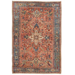 Colorful Antique Serapi Carpet with Soft Colors, Coral, Salmon and Light Blue