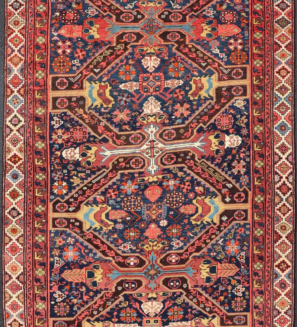 Colorful Antique Seychor Large Gallery Runner with Multi-Geometric Medallions In Good Condition For Sale In Atlanta, GA