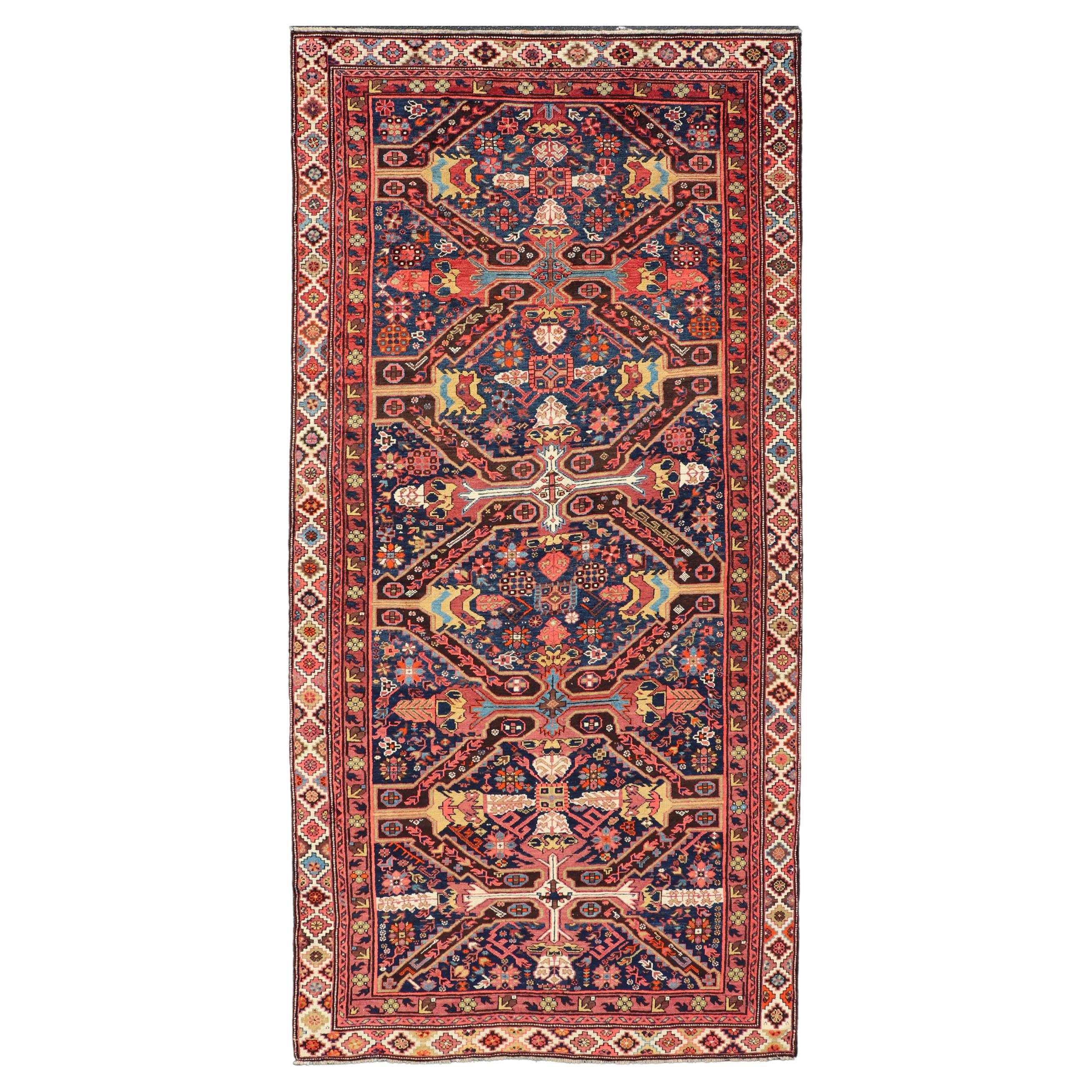 Colorful Antique Seychor Large Gallery Runner with Multi-Geometric Medallions For Sale