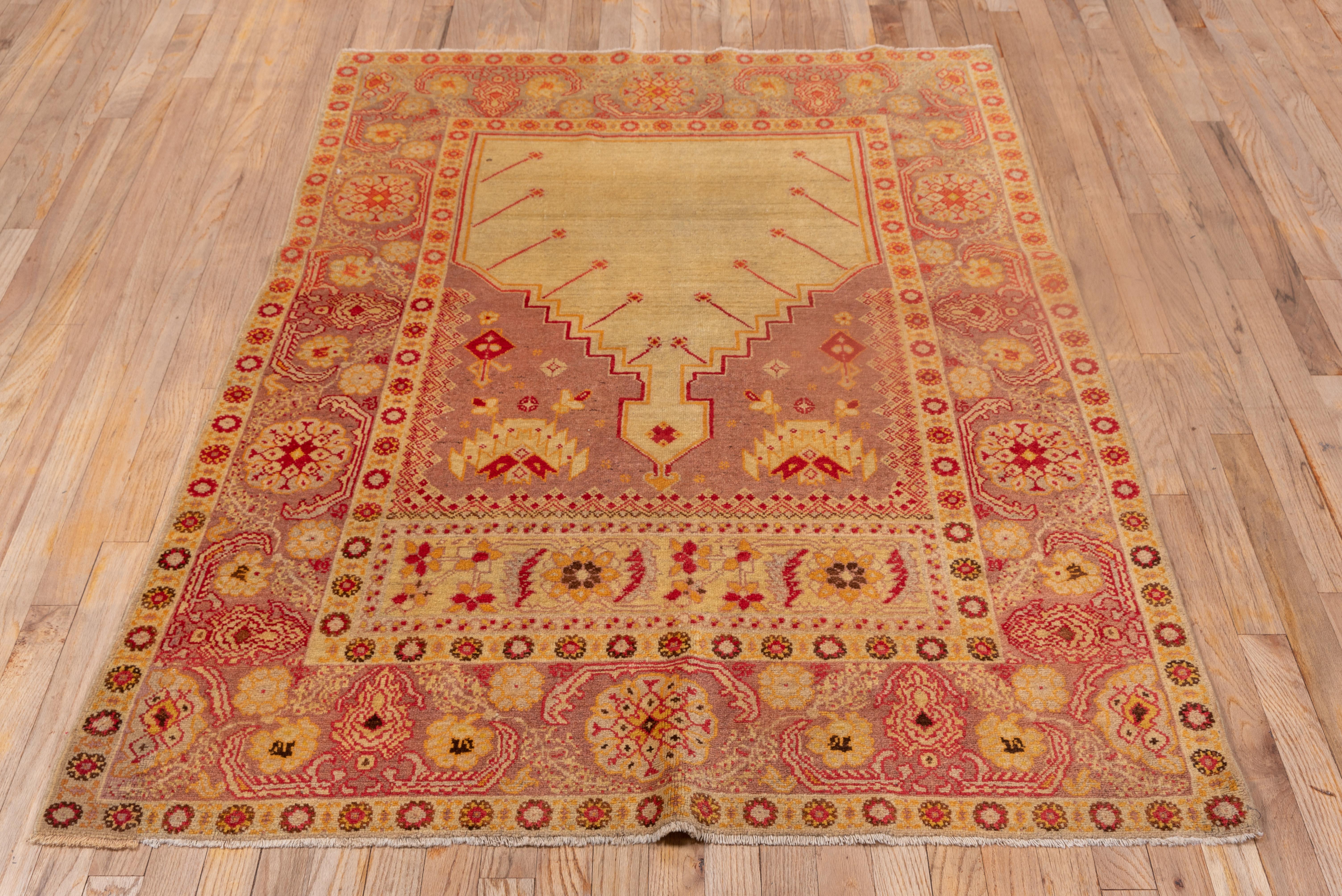 Hand-Knotted Colorful Antique Turkish Hereke Prayer Rug, Yellow and Light Purple Field