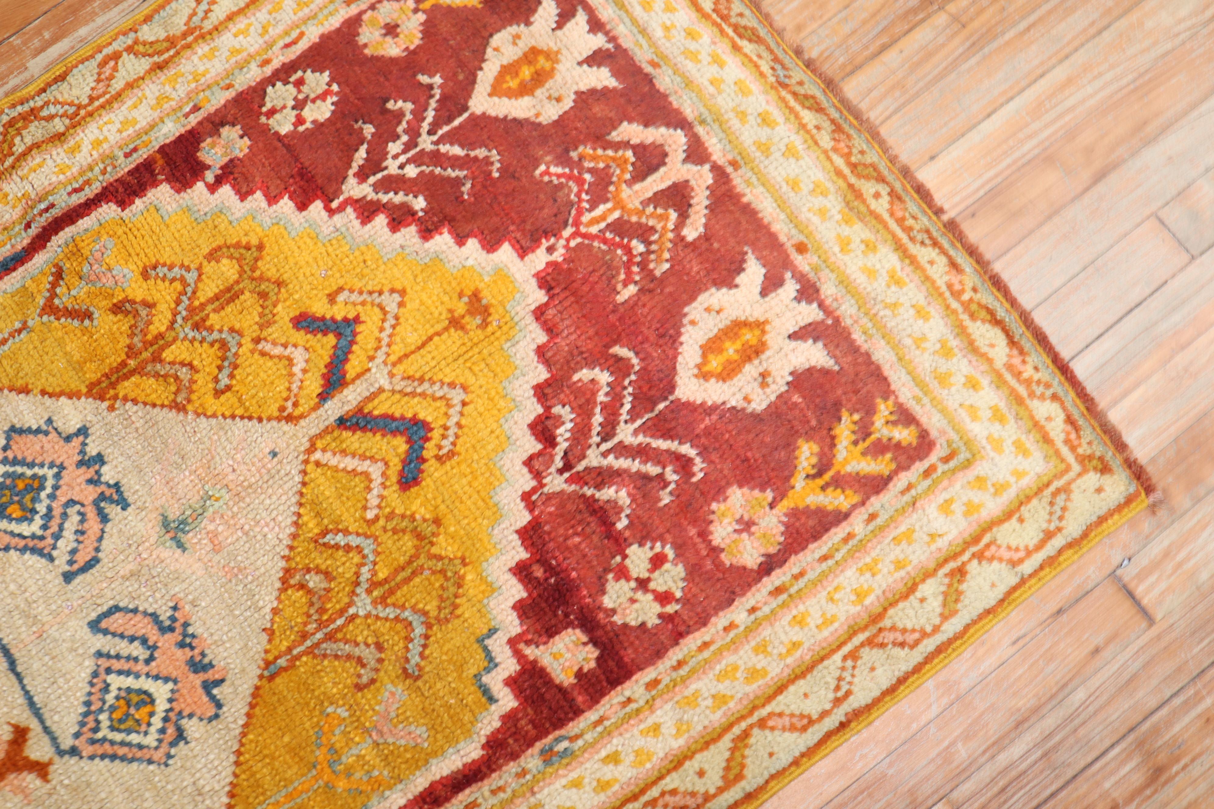 Colorful Antique Turkish Oushak Prayer Rug In Good Condition For Sale In New York, NY