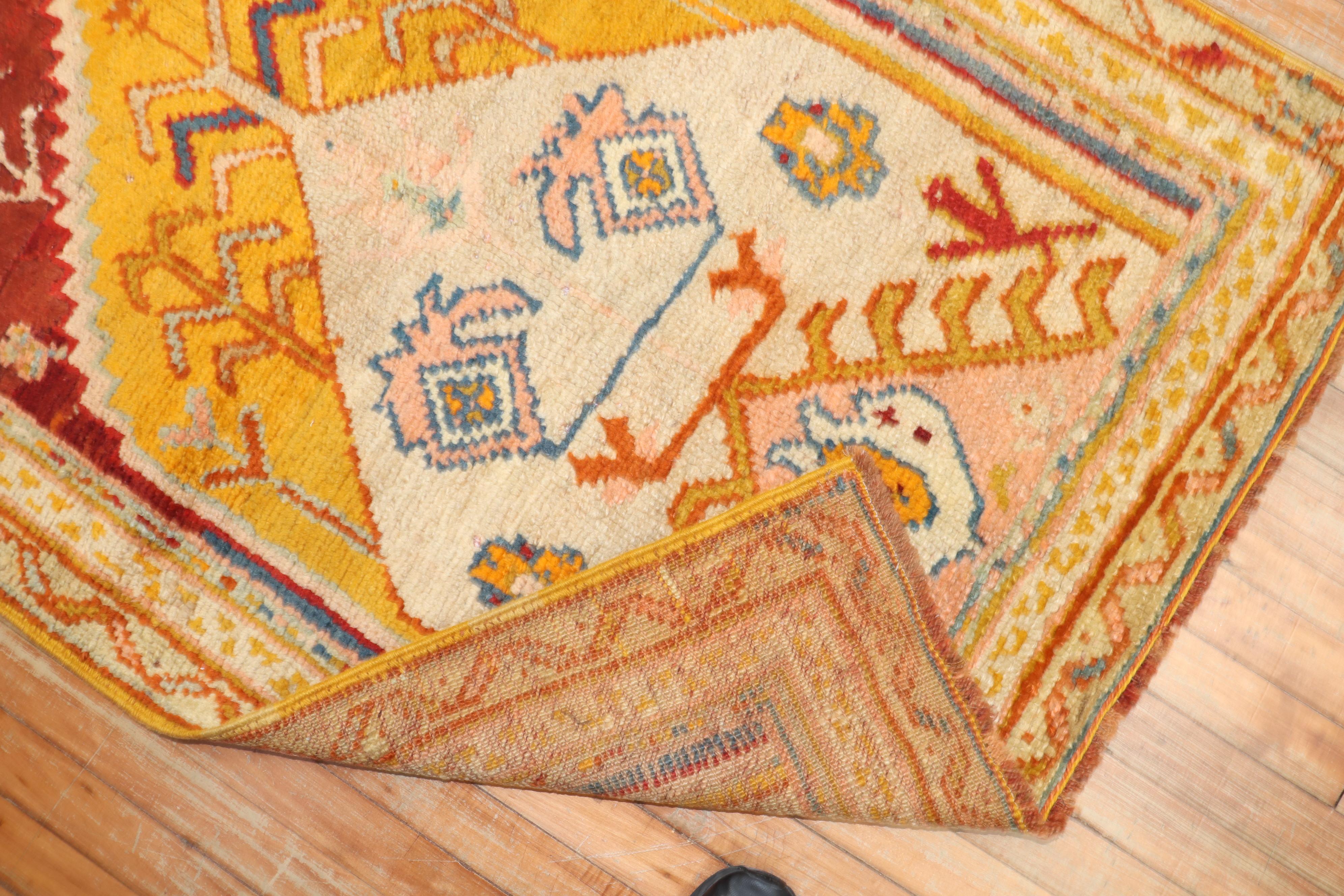 Wool Colorful Antique Turkish Oushak Prayer Rug For Sale