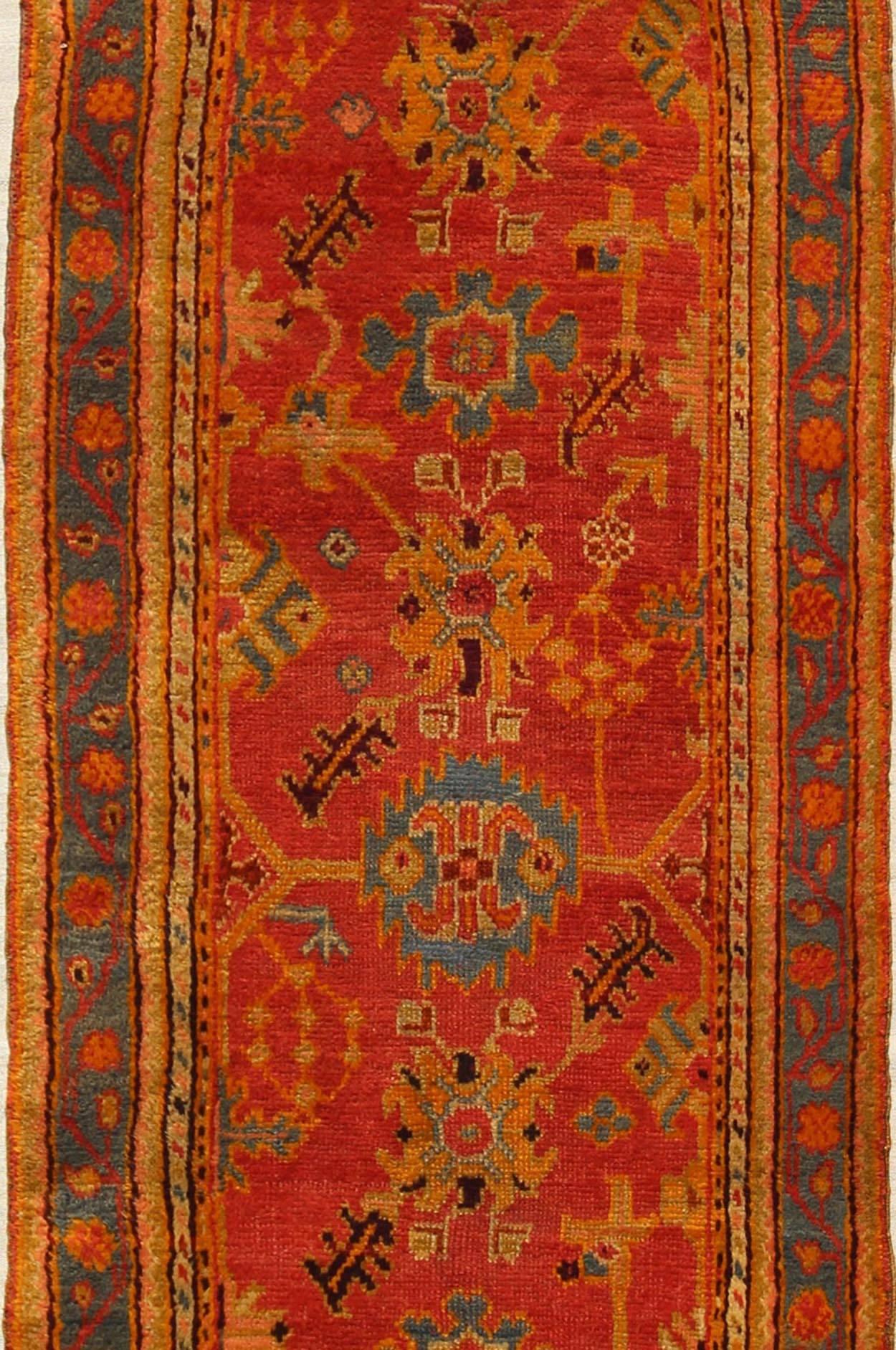Hand-Knotted Colorful Antique Turkish Oushak Wide Runner with Geometric Tribal Motifs For Sale