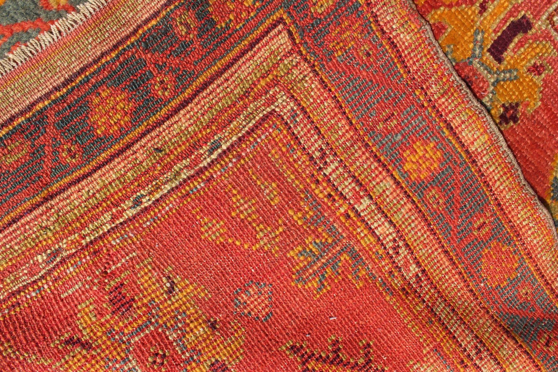 Colorful Antique Turkish Oushak Wide Runner with Geometric Tribal Motifs For Sale 1