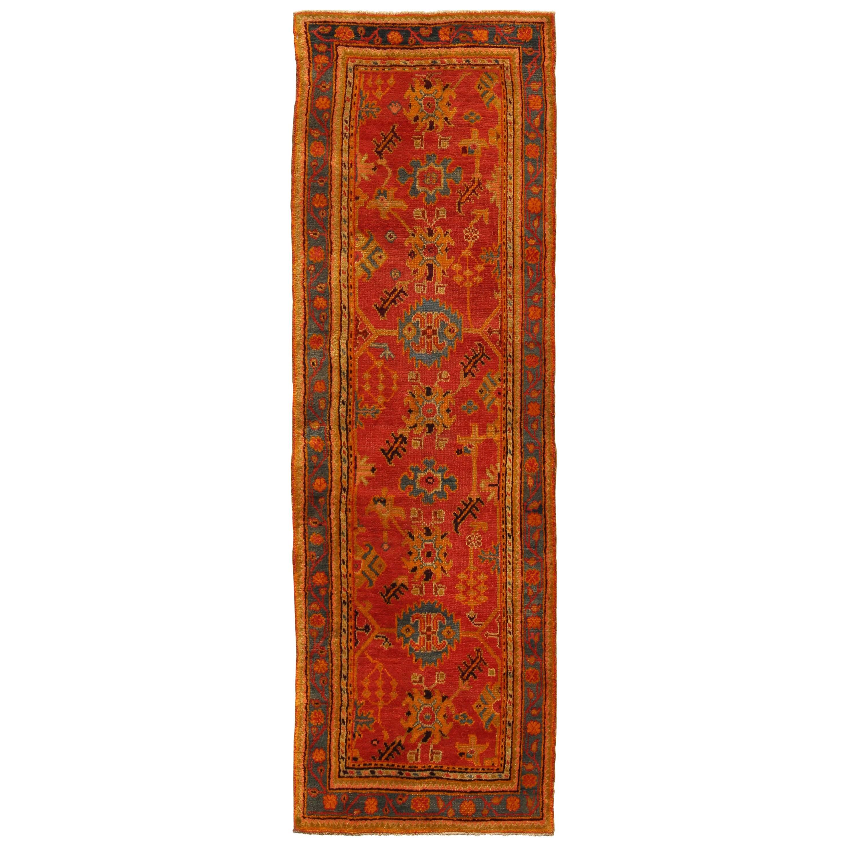 Colorful Antique Turkish Oushak Wide Runner with Geometric Tribal Motifs For Sale
