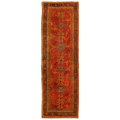 Colorful Antique Turkish Oushak Wide Runner with Geometric Tribal Motifs