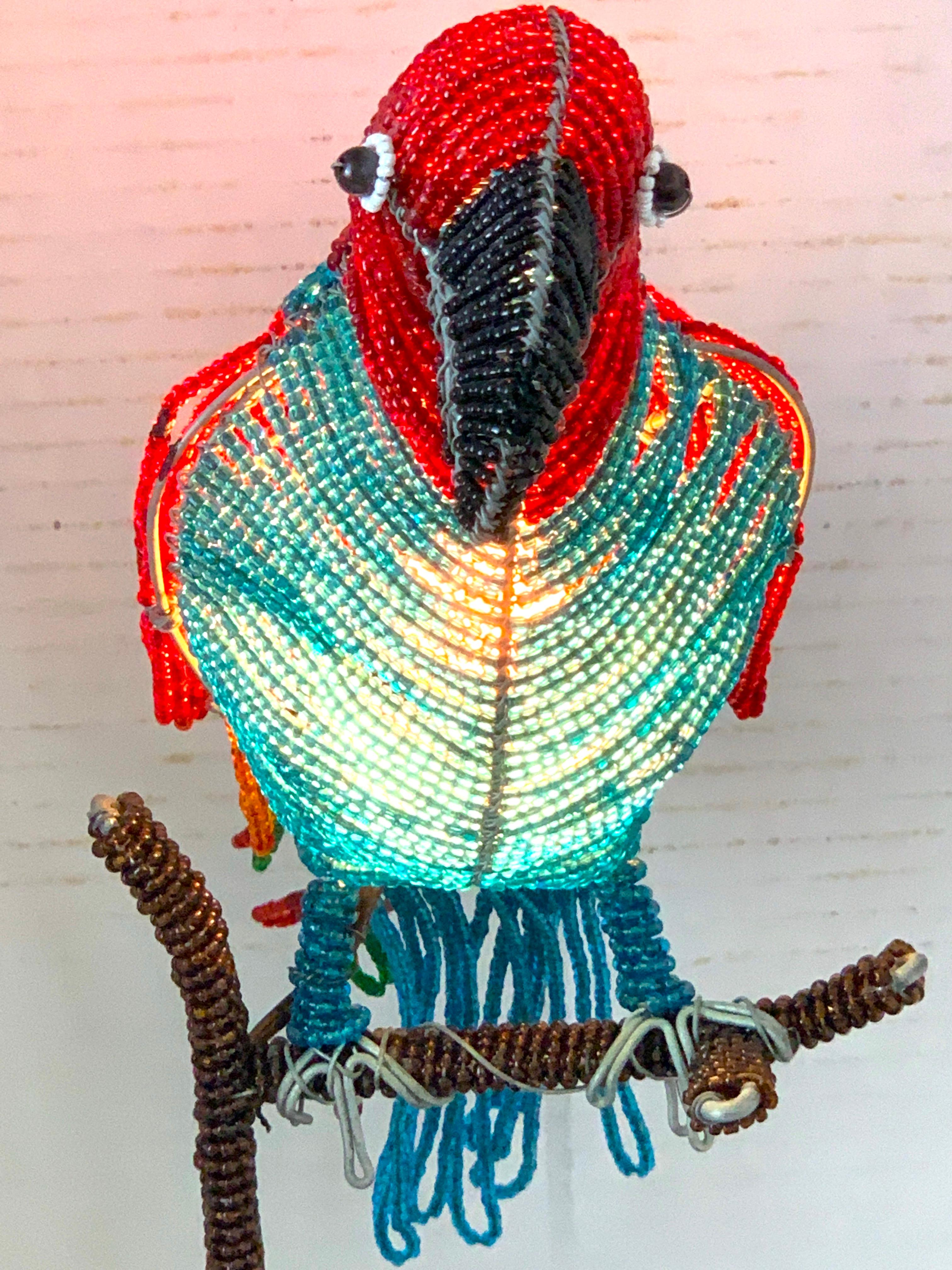 Colorful Art Deco Czechoslovakian Glass Beaded Parrot Lamp For Sale 4