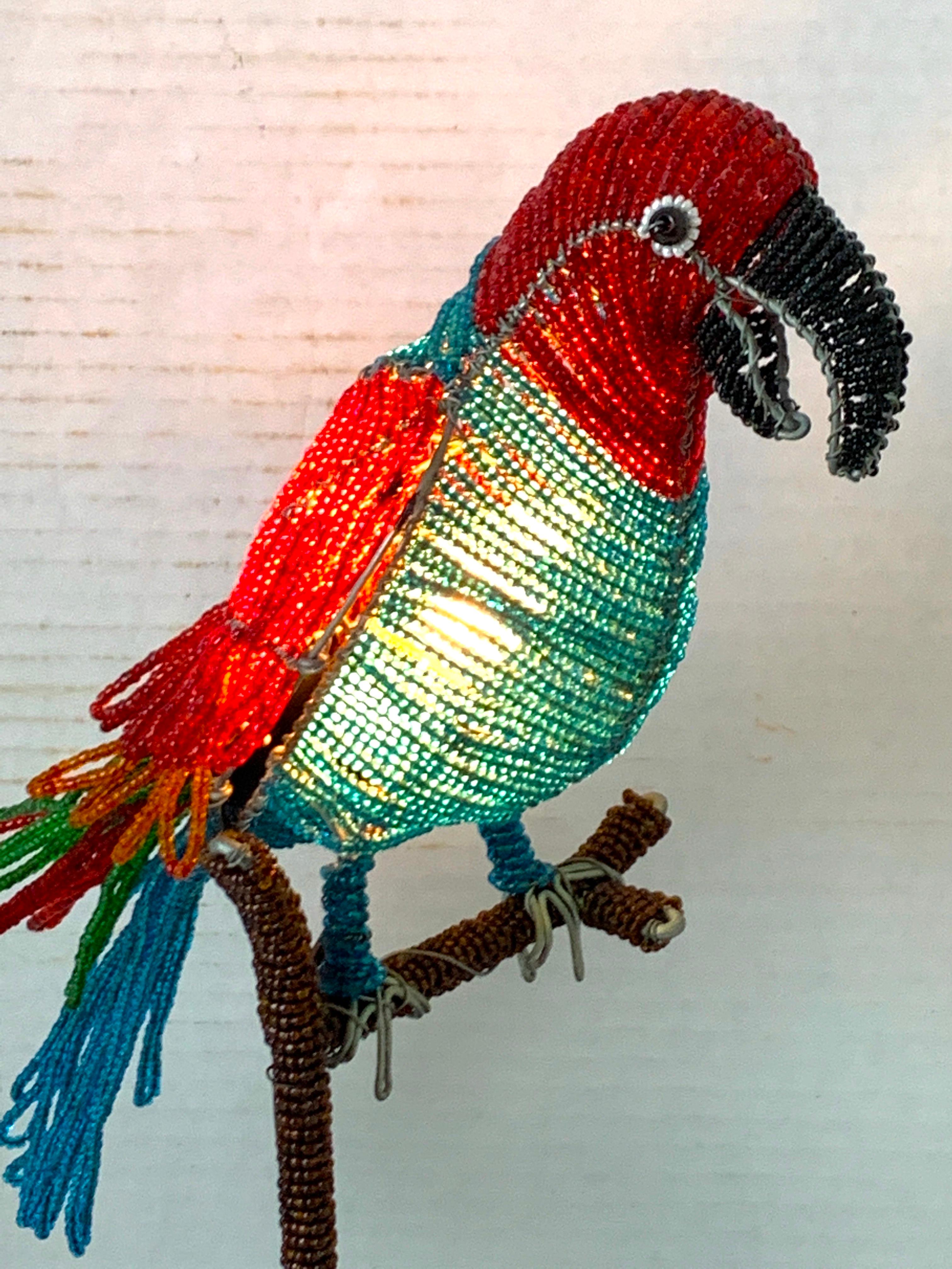 Ebonized Colorful Art Deco Czechoslovakian Glass Beaded Parrot Lamp For Sale