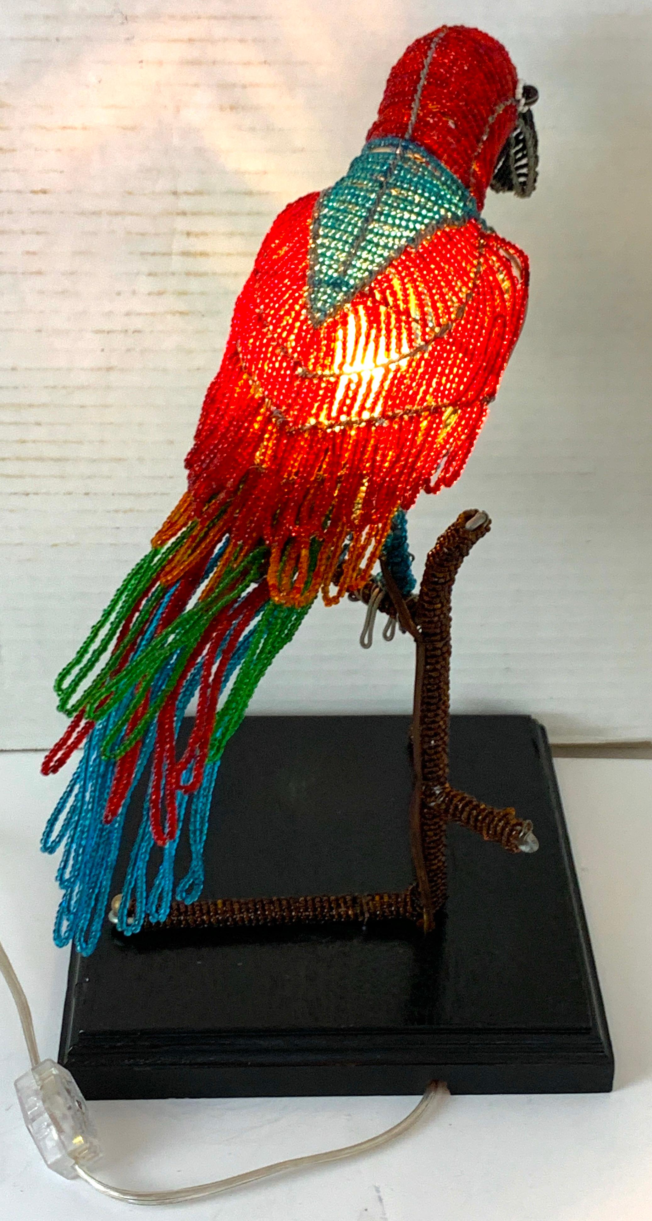 Colorful Art Deco Czechoslovakian Glass Beaded Parrot Lamp In Good Condition For Sale In West Palm Beach, FL