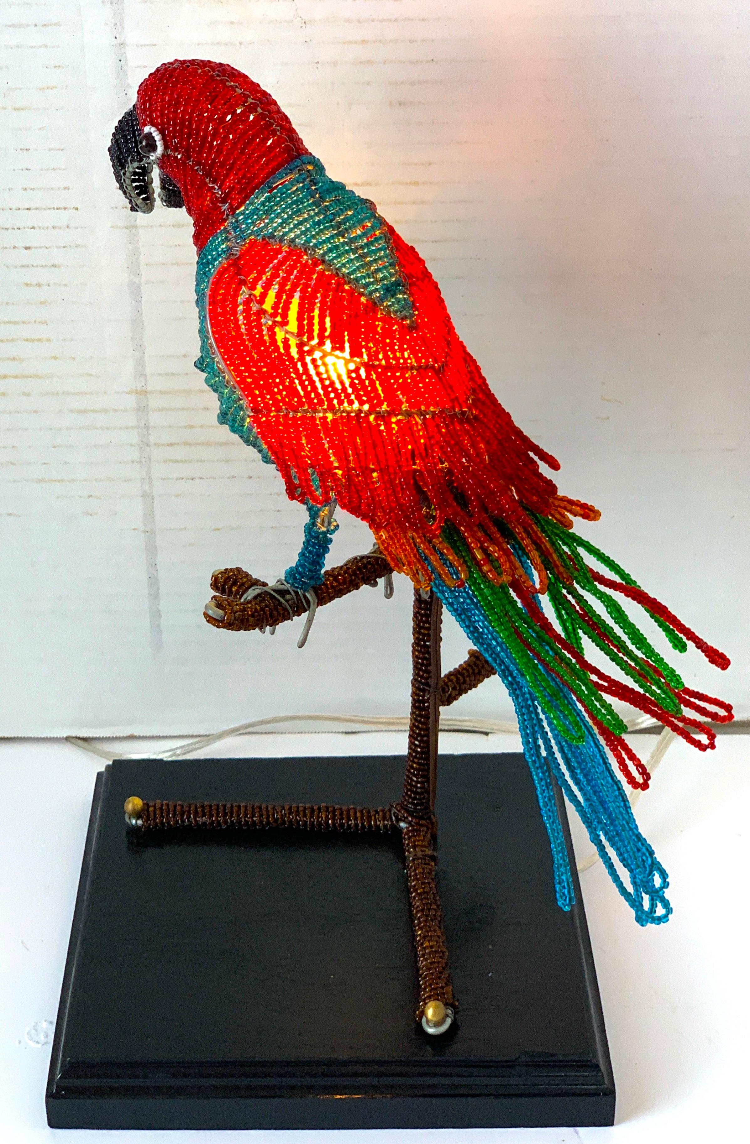 20th Century Colorful Art Deco Czechoslovakian Glass Beaded Parrot Lamp For Sale