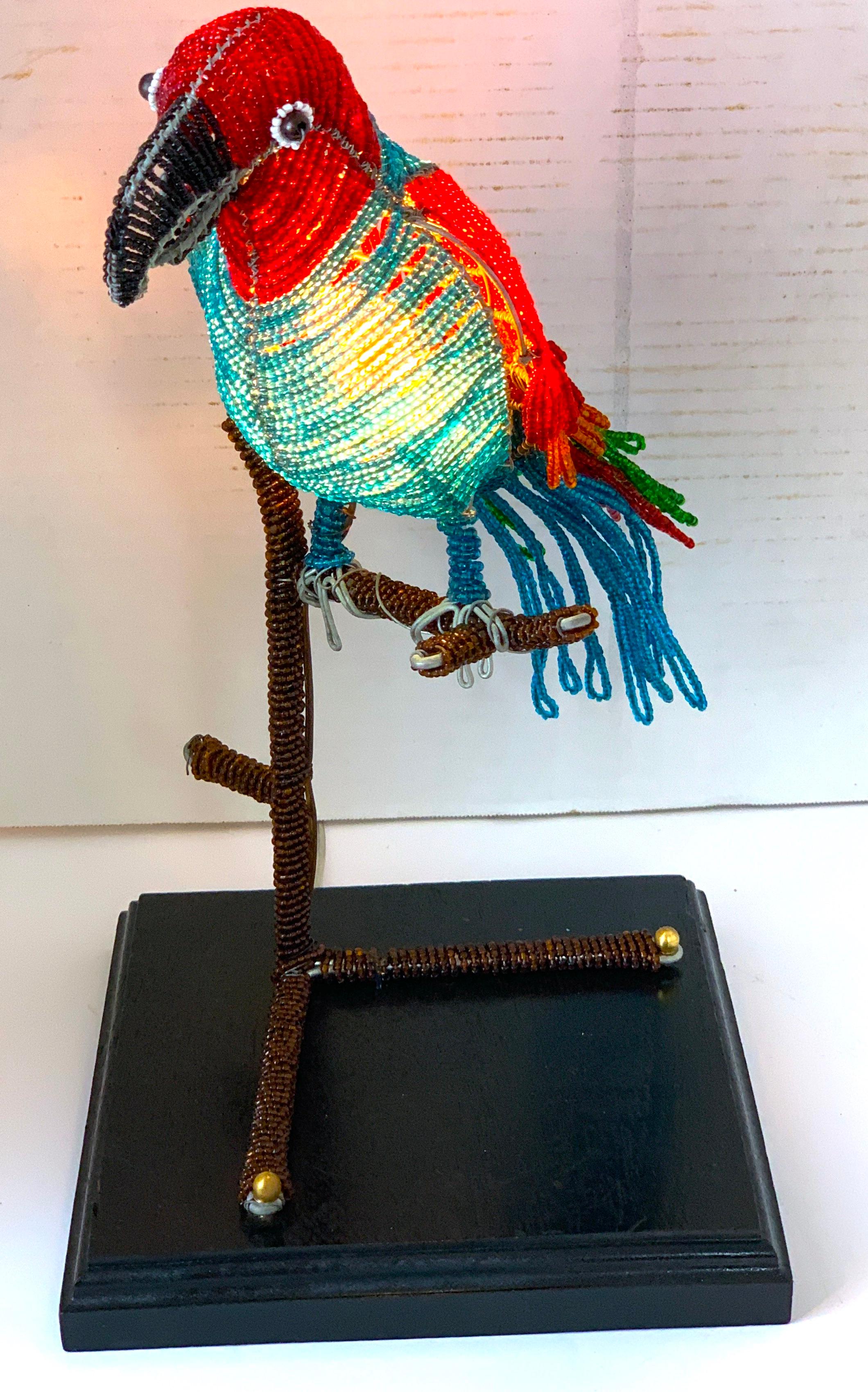 Wood Colorful Art Deco Czechoslovakian Glass Beaded Parrot Lamp For Sale