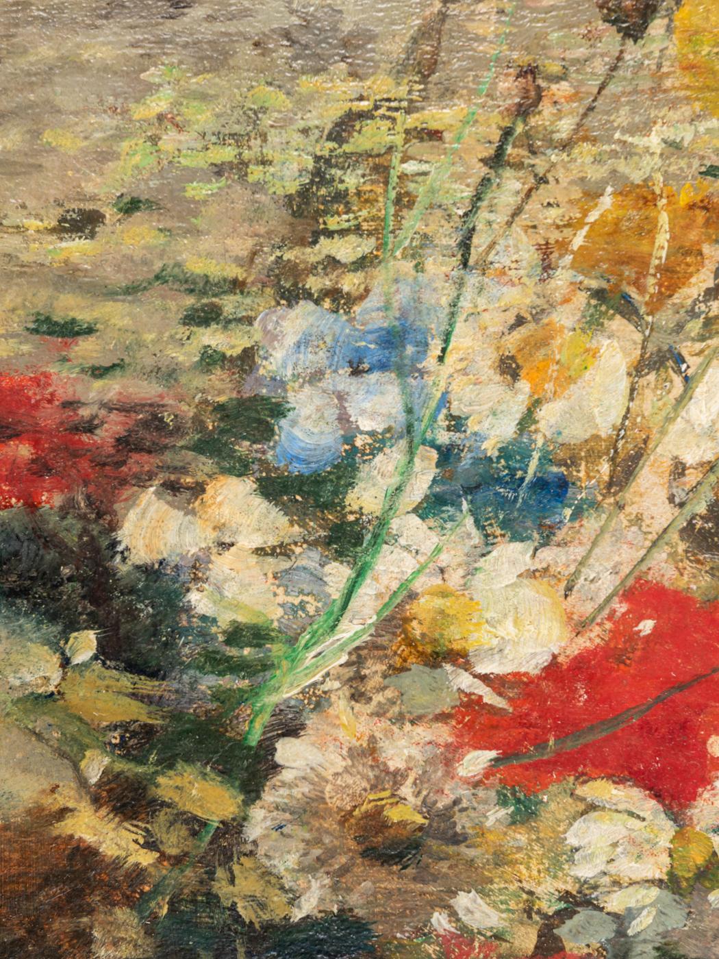 Buntes Art Déco Blumenbouquet Öl auf Hartfaserplatte Stillleben (Gemalt) im Angebot