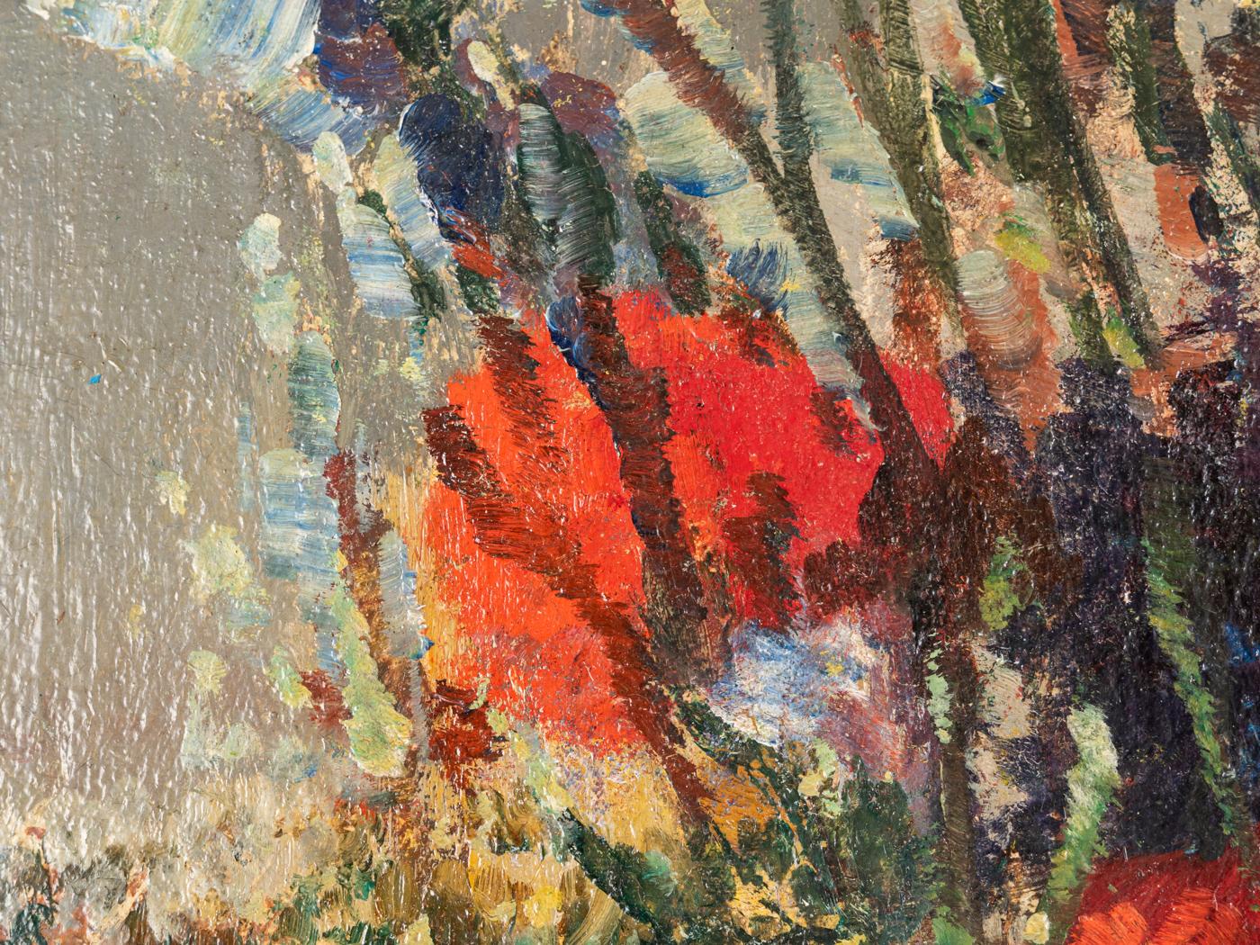 Buntes Art Déco Blumenbouquet Öl auf Hartfaserplatte Stillleben im Zustand „Gut“ im Angebot in Neuss, NW