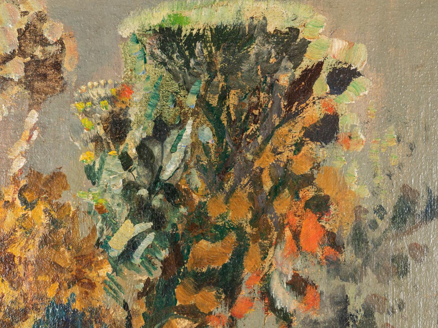 Buntes Art Déco Blumenbouquet Öl auf Hartfaserplatte Stillleben (Asche) im Angebot