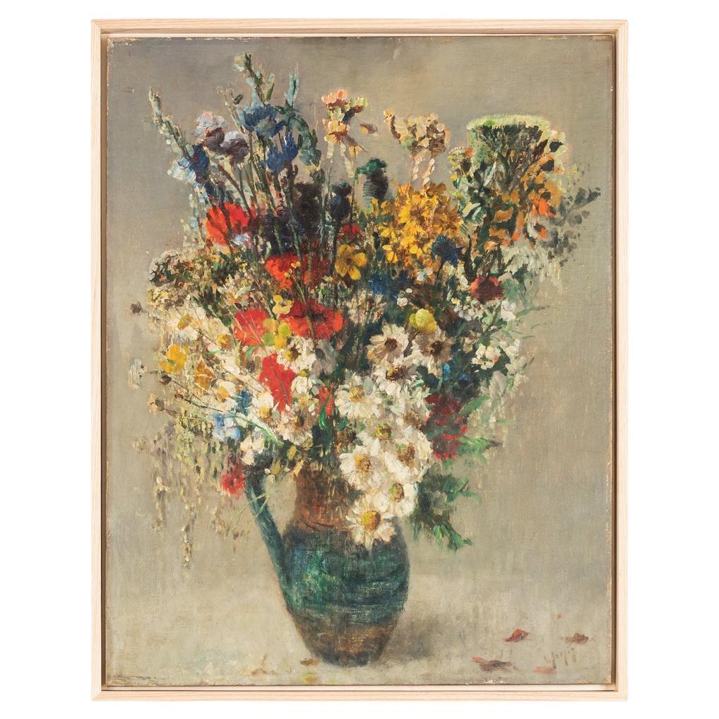 Colorful Art Déco Flower Bouquet Oil on Hardboard Still Life  For Sale