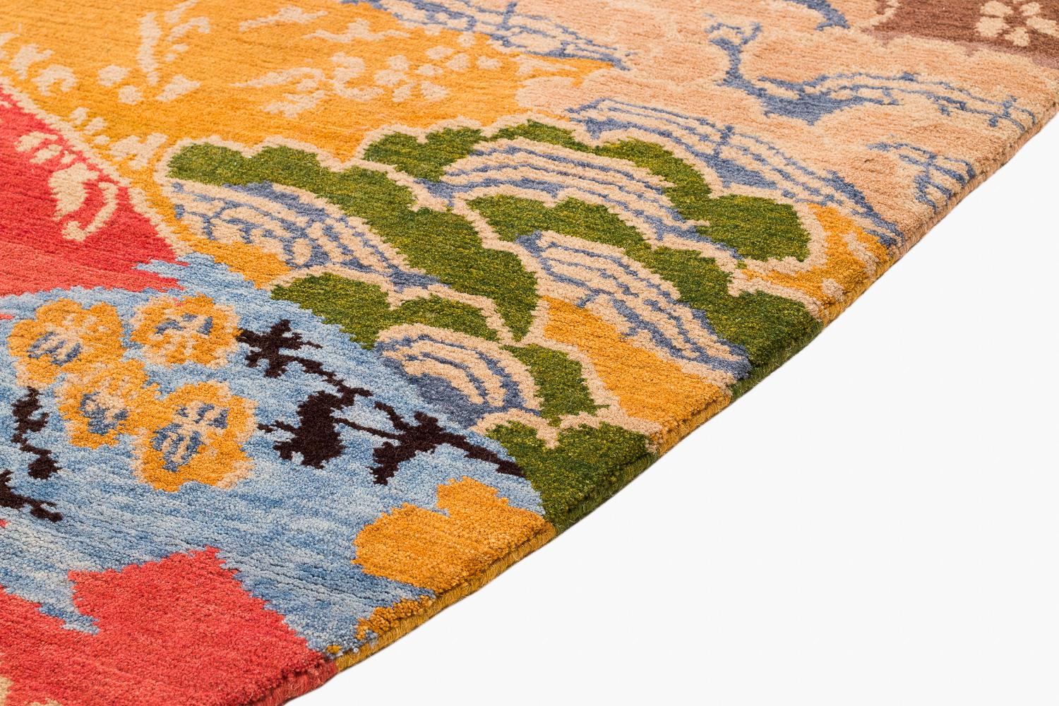 Organic Modern Colorful Asian-Inspired Mountain Blossom Handmade Wool Oval Rug by Joseph Carini For Sale