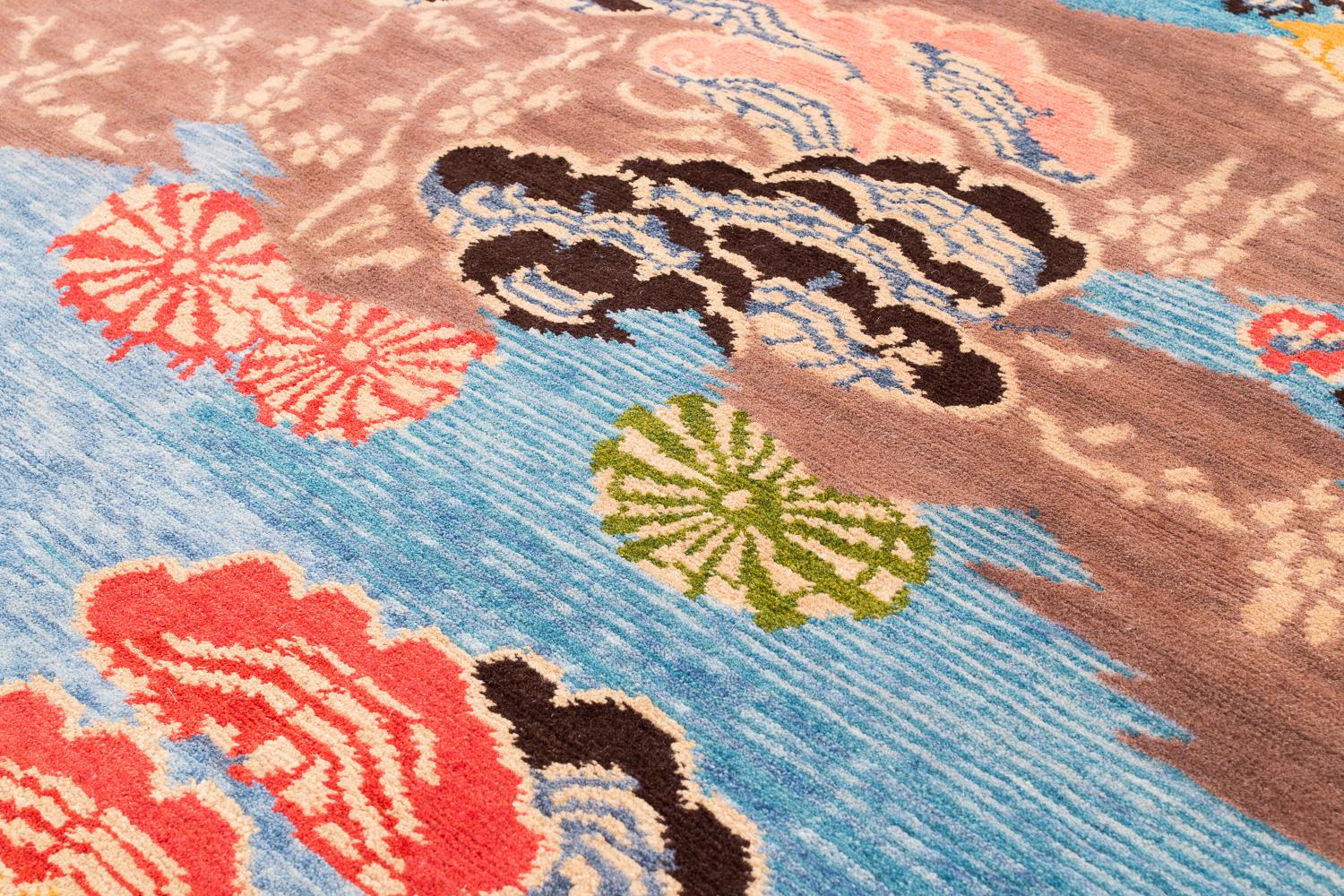 Nepalese Colorful Asian-Inspired Mountain Blossom Handmade Wool Oval Rug by Joseph Carini For Sale