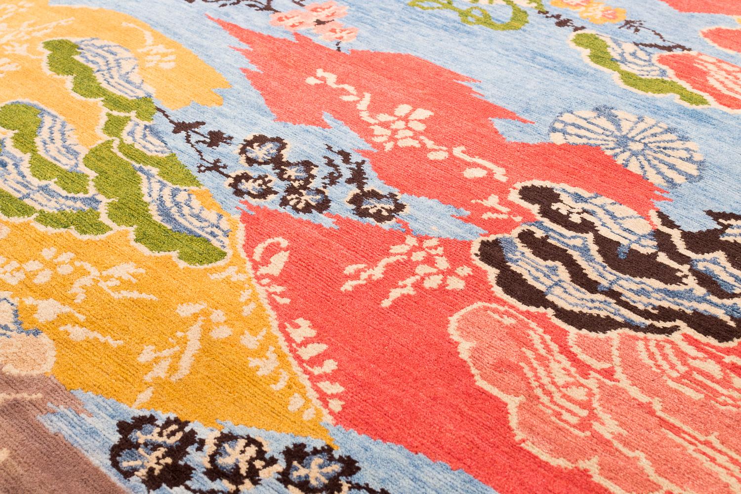 Colorful Asian-Inspired Mountain Blossom Handmade Wool Oval Rug by Joseph Carini In New Condition For Sale In New York, NY