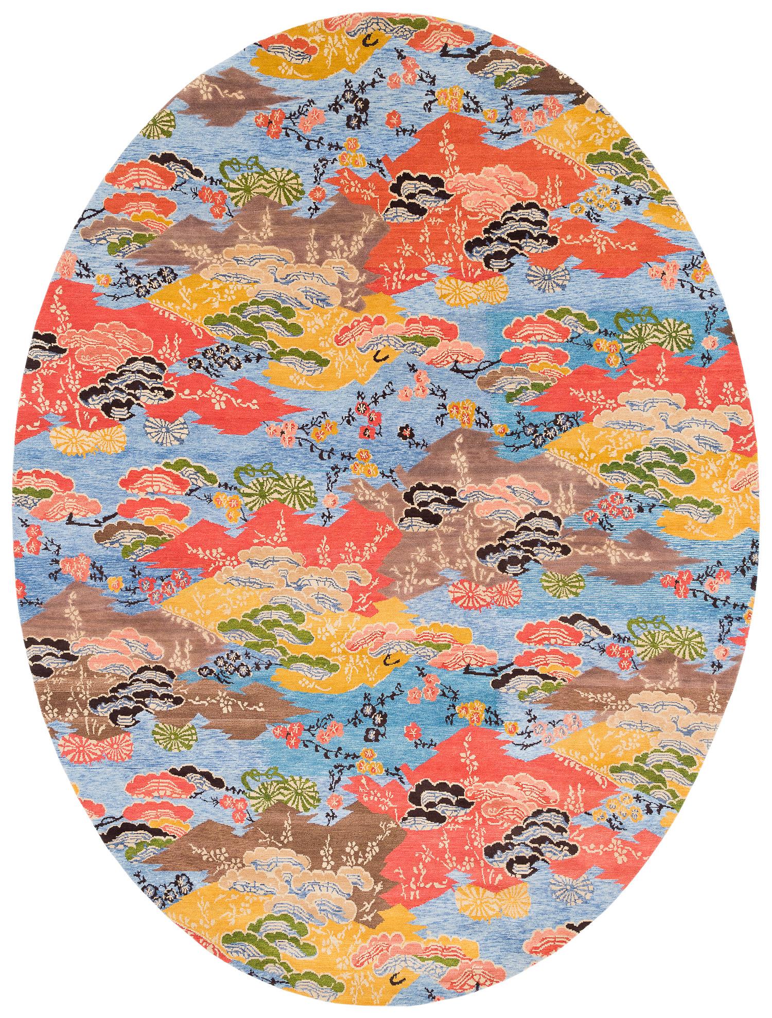 Colorful Asian-Inspired Mountain Blossom Handmade Wool Oval Rug by Joseph Carini For Sale 1
