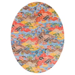 Colorful Asian-Inspired Mountain Blossom Handmade Wool Oval Rug by Joseph Carini