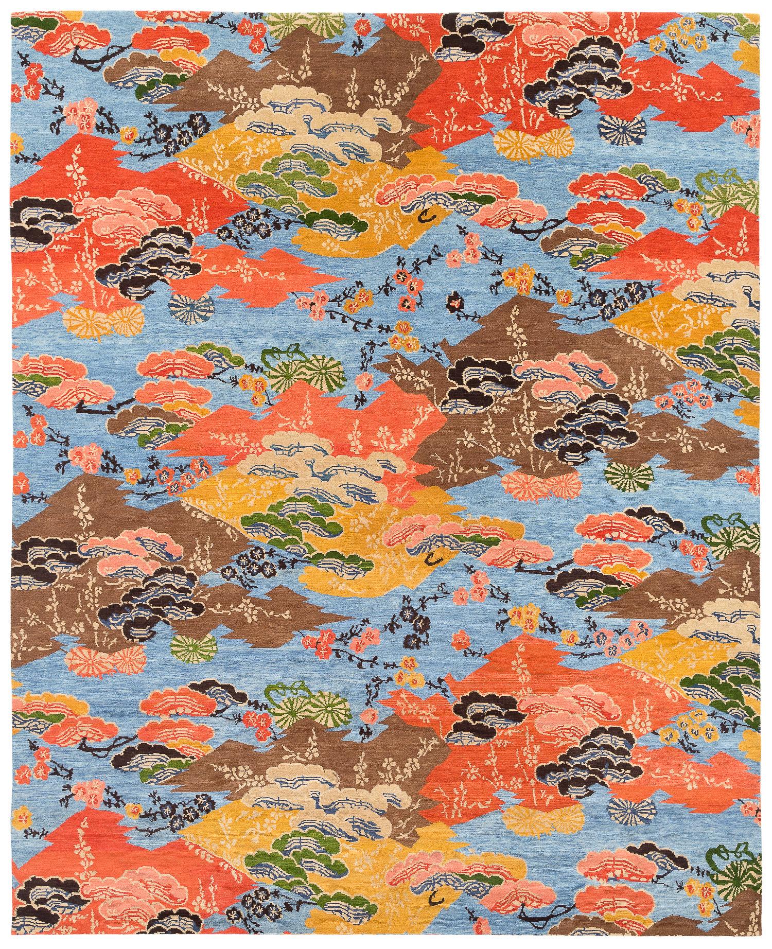 Colorful Asian-Inspired Mountain Blossom Handmade Wool Rug by Joseph Carini For Sale 3