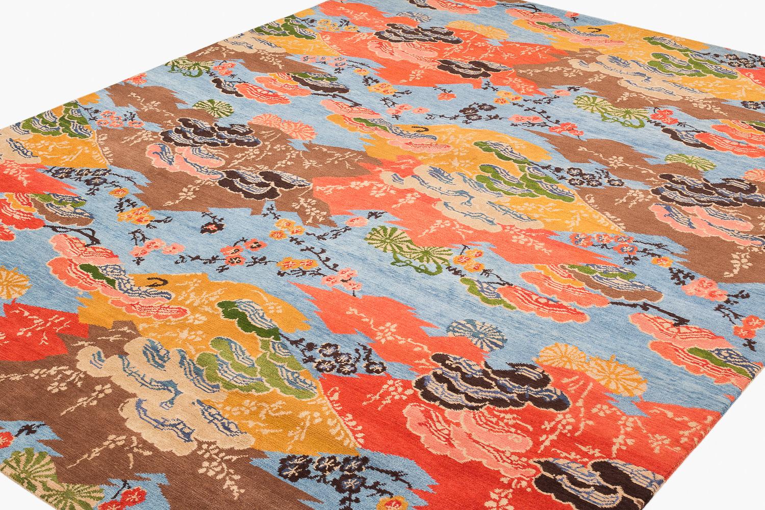 Organic Modern Colorful Asian-Inspired Mountain Blossom Handmade Wool Rug by Joseph Carini For Sale
