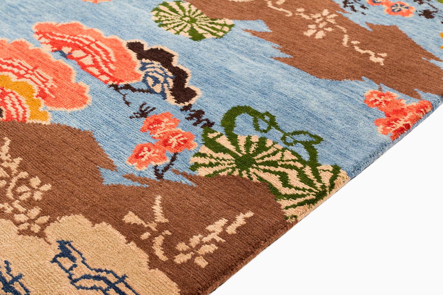 Nepalese Colorful Asian-Inspired Mountain Blossom Handmade Wool Rug by Joseph Carini For Sale