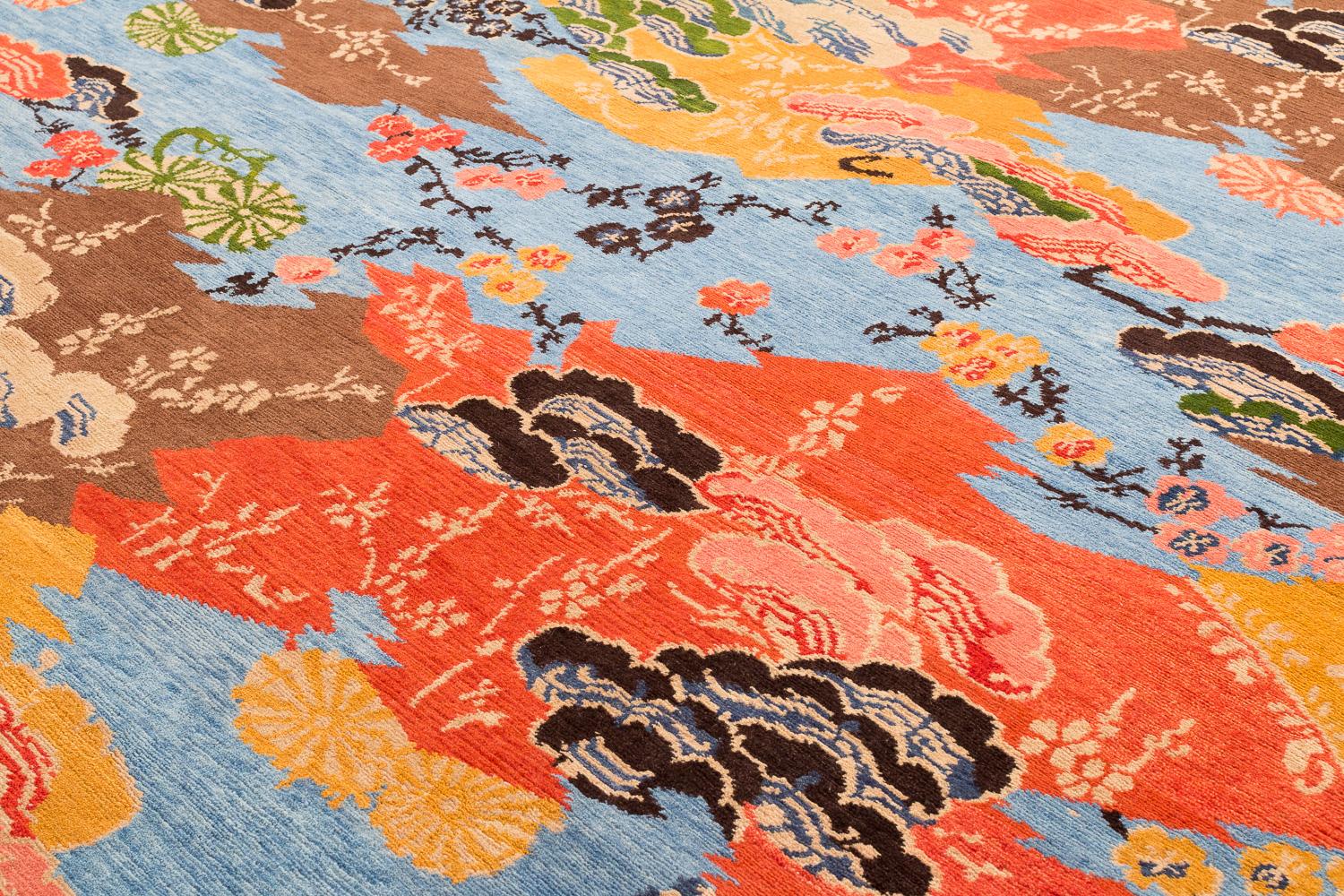 Hand-Knotted Colorful Asian-Inspired Mountain Blossom Handmade Wool Rug by Joseph Carini For Sale