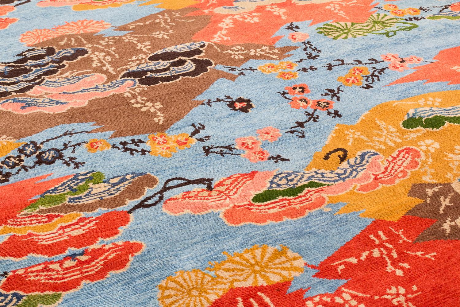 Colorful Asian-Inspired Mountain Blossom Handmade Wool Rug by Joseph Carini In New Condition For Sale In New York, NY
