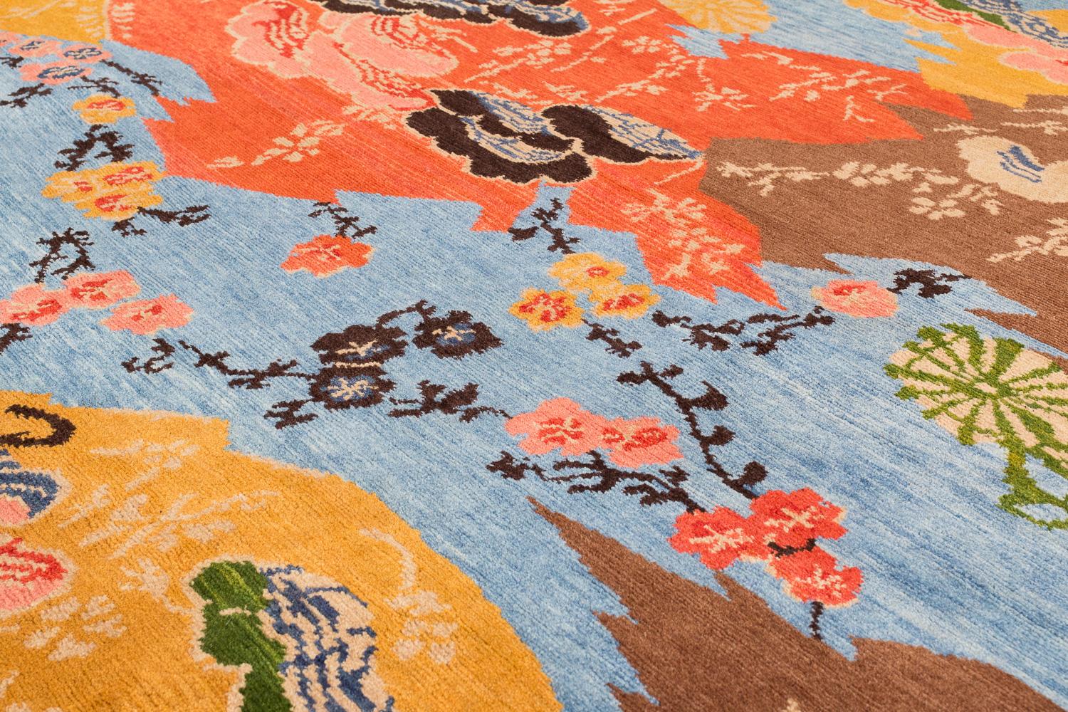Contemporary Colorful Asian-Inspired Mountain Blossom Handmade Wool Rug by Joseph Carini For Sale