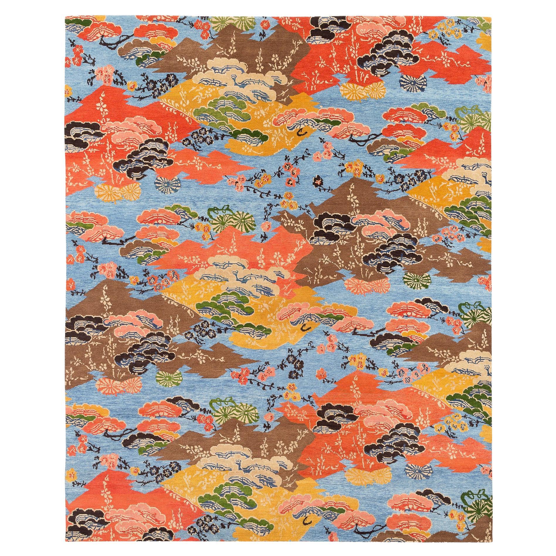 Alfombra de lana de colores inspirada en Asia Mountain Blossom, hecha a mano por Joseph Carini