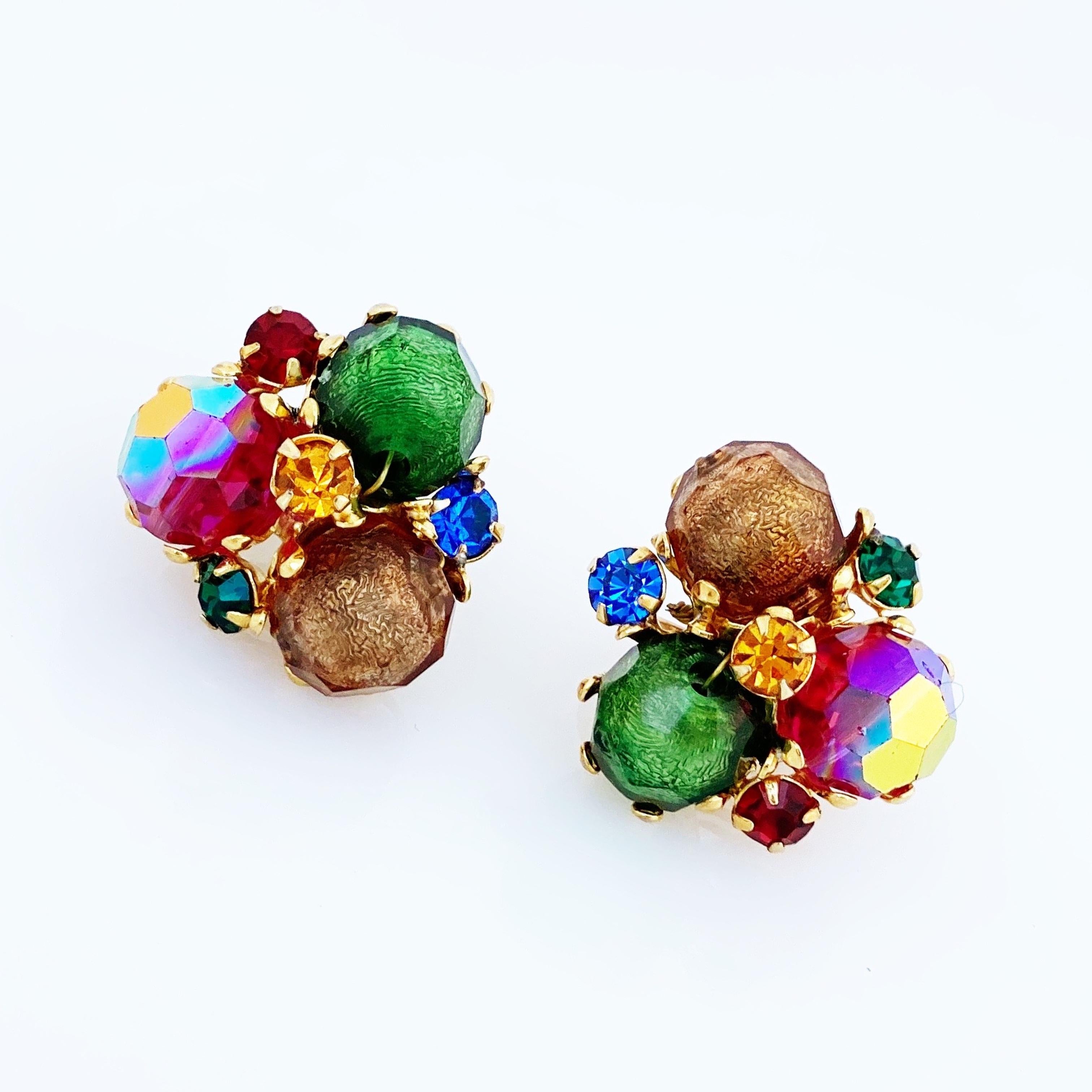 Modern Colorful Bead & Rhinestone Cluster Earrings By Vogue, 1950s