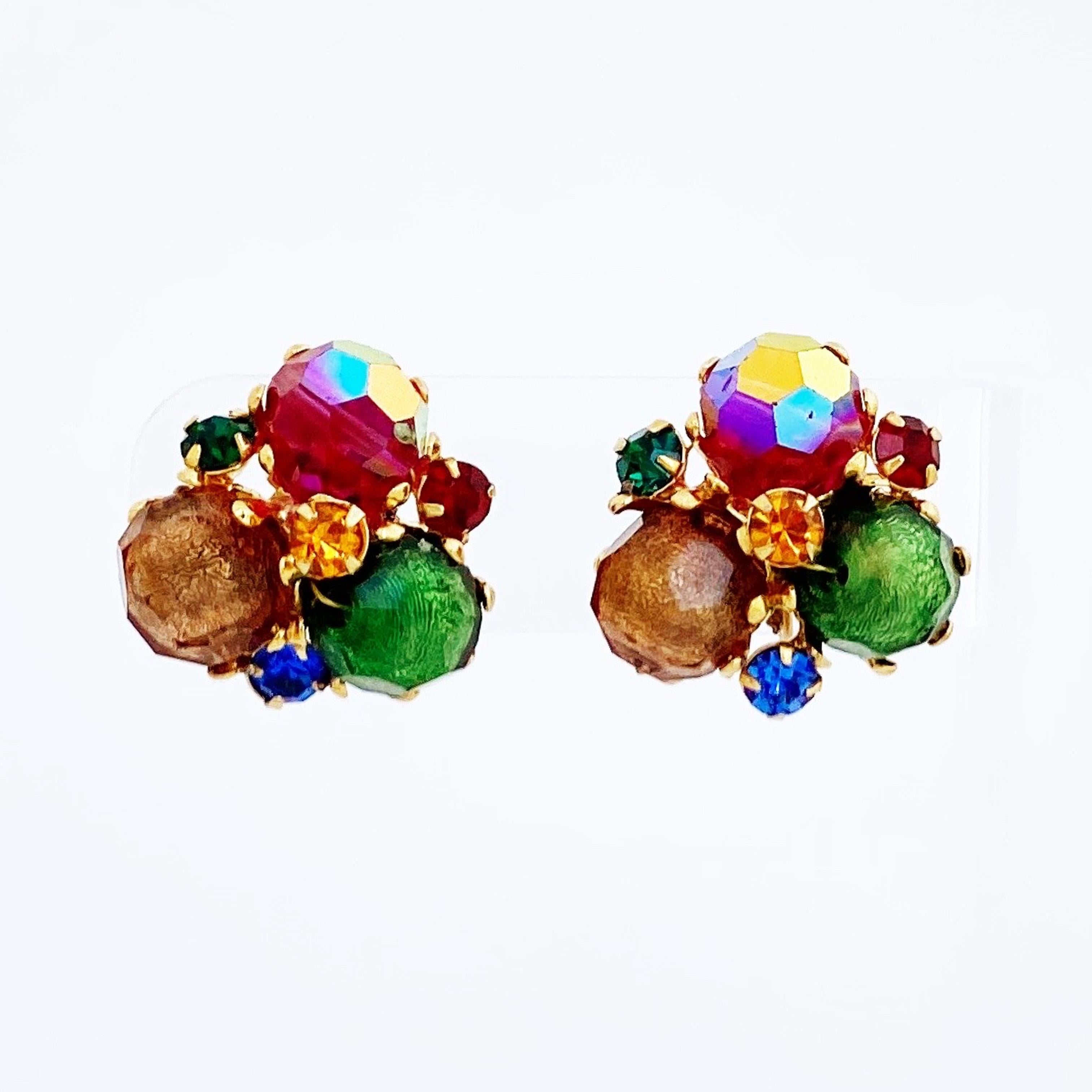 Colorful Bead & Rhinestone Cluster Earrings By Vogue, 1950s In Good Condition In McKinney, TX