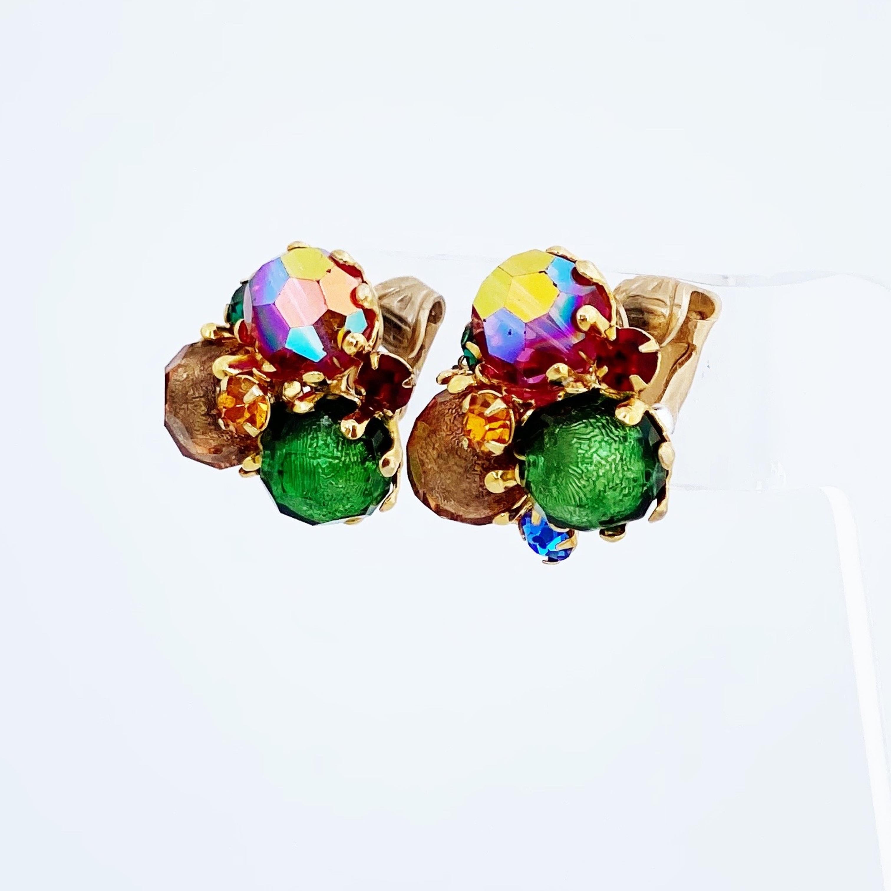 Women's Colorful Bead & Rhinestone Cluster Earrings By Vogue, 1950s