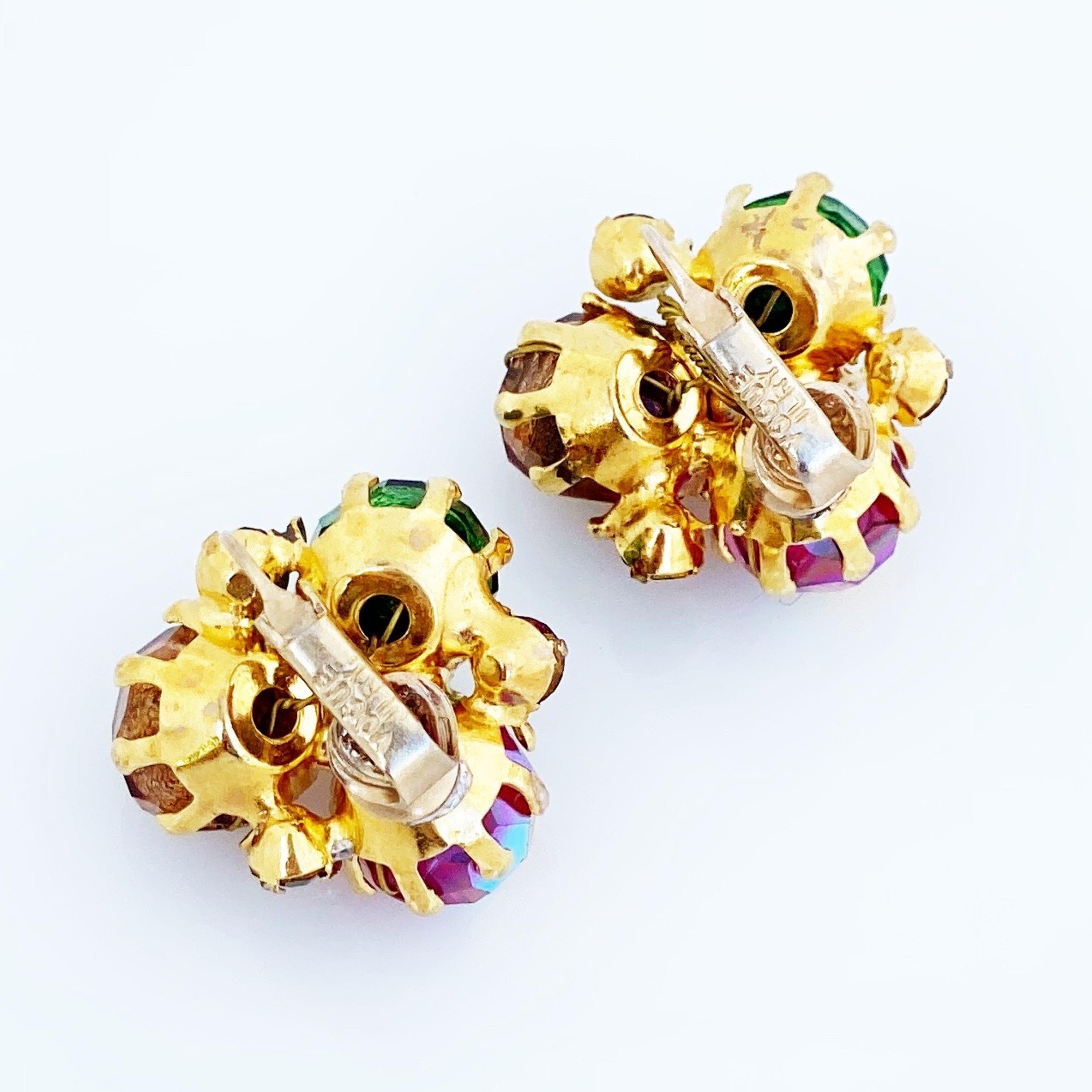 Colorful Bead & Rhinestone Cluster Earrings By Vogue, 1950s 1