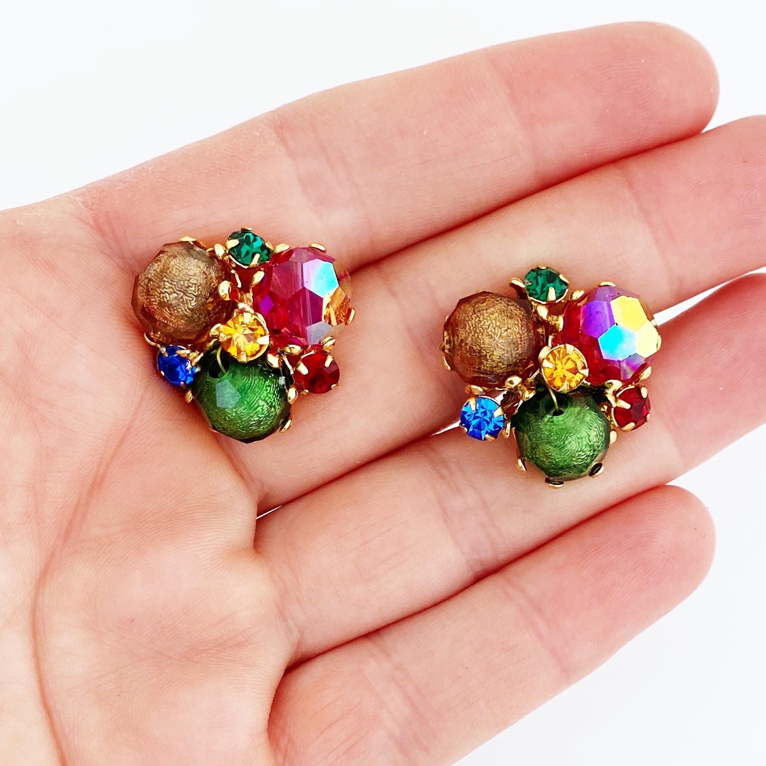 Colorful Bead & Rhinestone Cluster Earrings By Vogue, 1950s 2