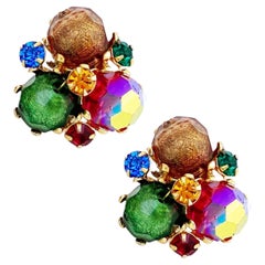 Colorful Bead & Rhinestone Cluster Earrings By Vogue, 1950s