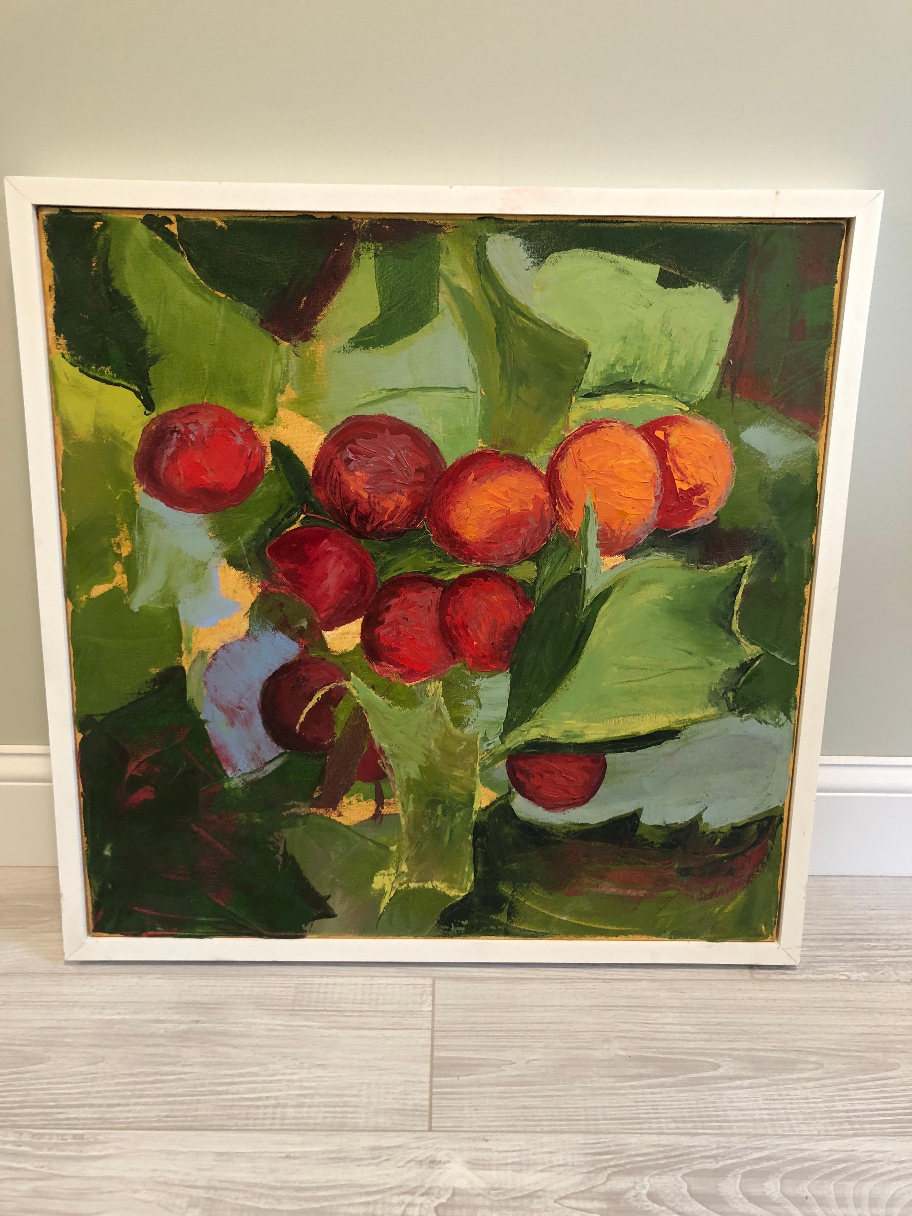 Colorful still life on canvas of Berries by Beverly Ward. Nice contemporary composition. This will pop off of any wall. Colorful and playful. Signed on rear. This item can parcel ship domestically for $49.