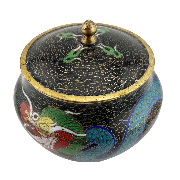 Vaso Cloisonné nero colorato con coperchio - Tarda dinastia Qing in vendita 1