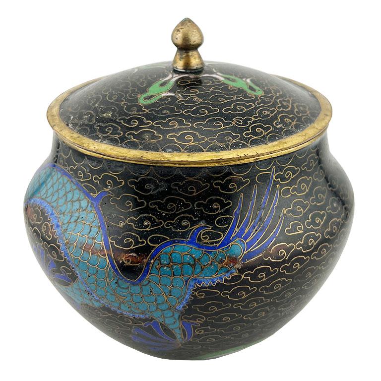 Vaso Cloisonné nero colorato con coperchio - Tarda dinastia Qing in vendita 2