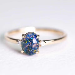 Colorful Black Opal Diamond Engagement Ring 14K Yellow Gold