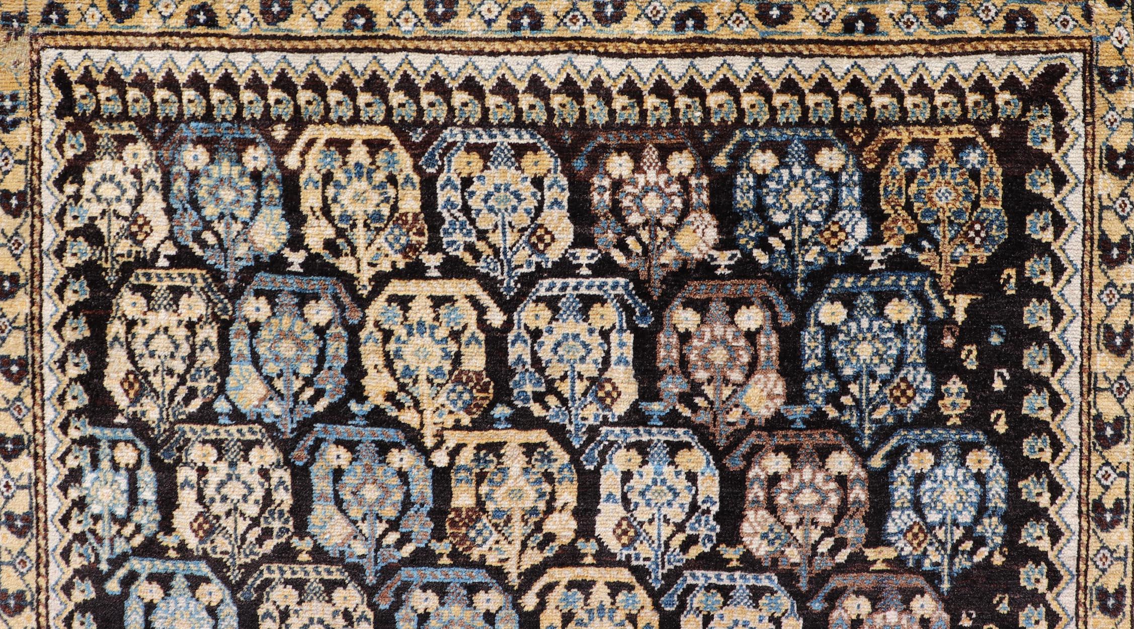 Colorful Blue Antique Persian Hamadan Rug with All-Over Tribal Motifs. Keivan Woven Arts / rug EMBC-9696-13818, country of origin / type: Iran / Hamadan, circa 1920.
Measures: 4'0 x 5'5 
This antique Persian Hamadan rug (circa early 20th century)