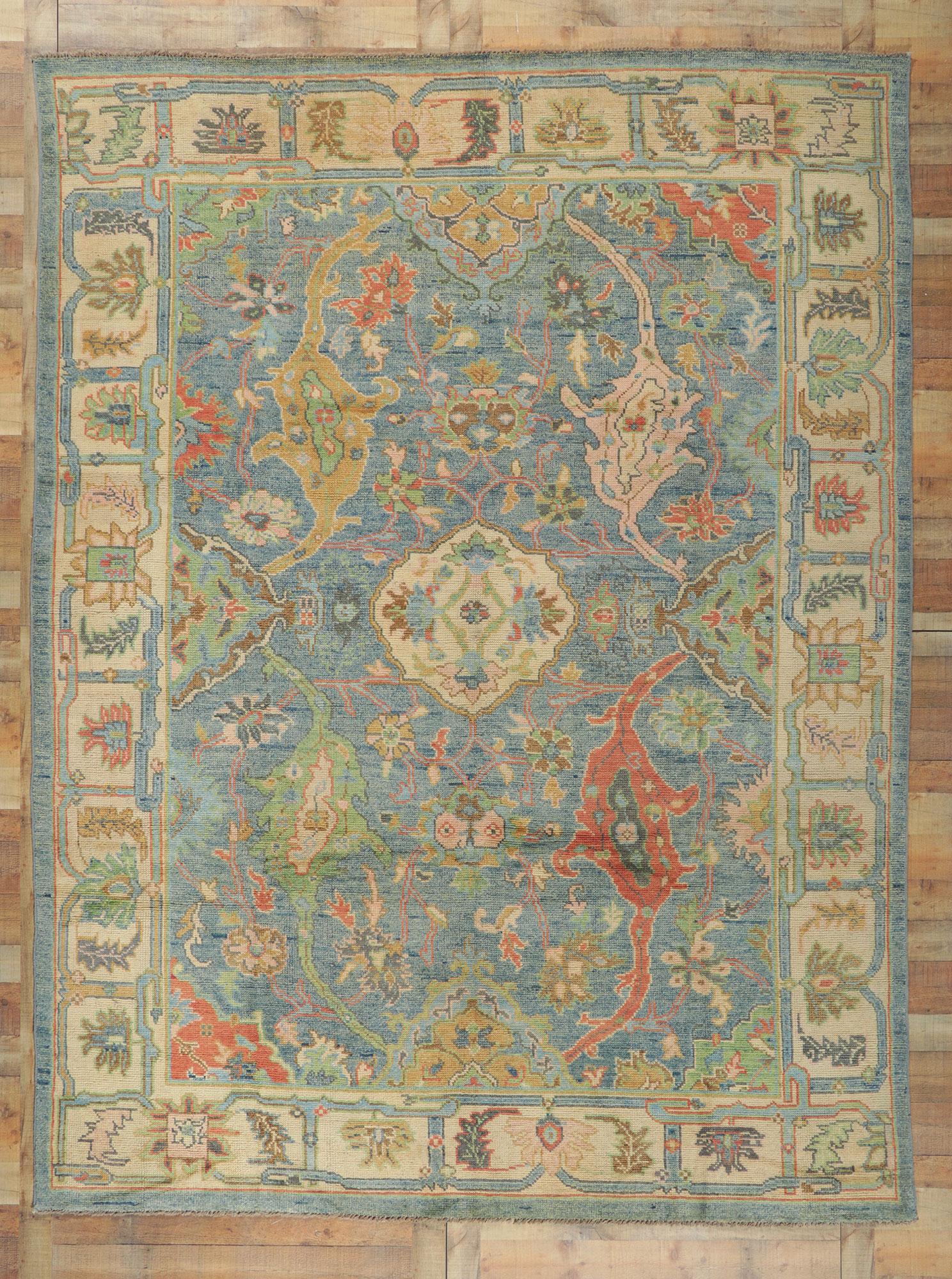 Colorful Blue Oushak Rug, Modern Elegance Meets Maximalist Style For Sale 3