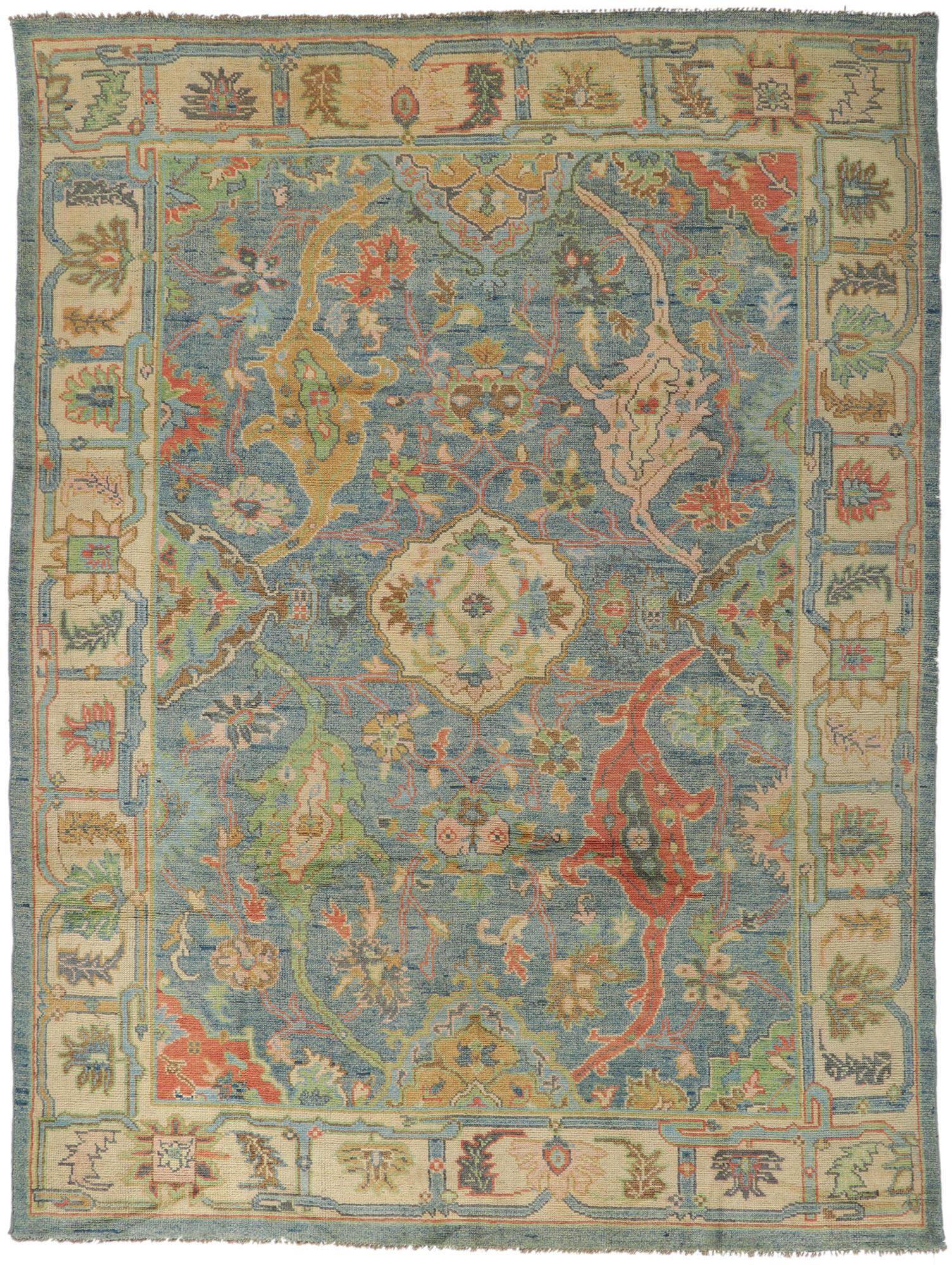 Colorful Blue Oushak Rug, Modern Elegance Meets Maximalist Style For Sale 4