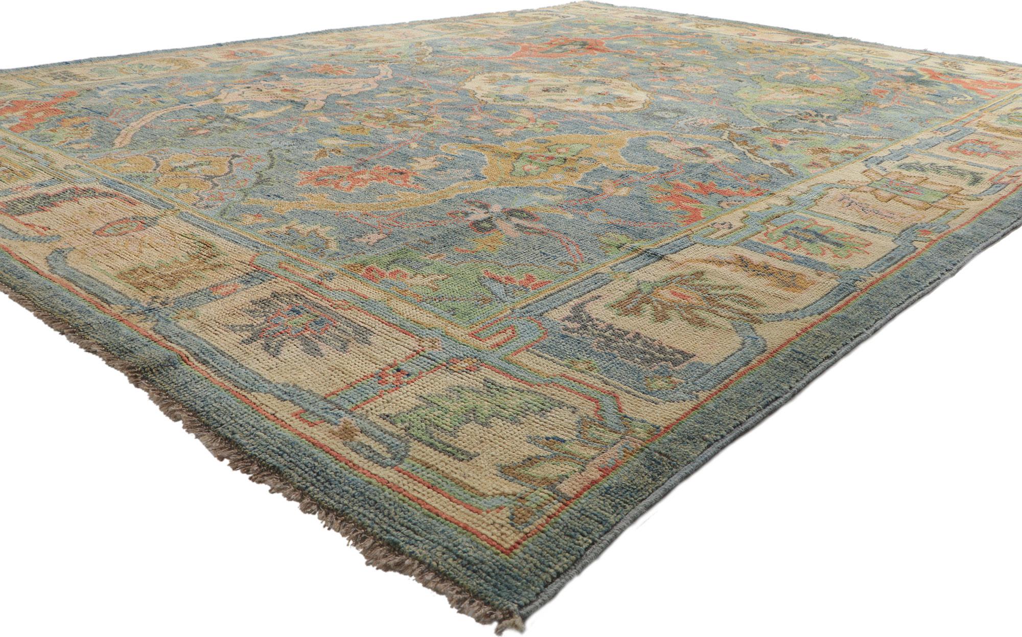 80729 Colorful Oushak Rug, 09'00 x 11'10.
Let yourself be whisked away on an enchanting journey, as you step onto this mesmerizing hand knotted wool colorful Oushak rug.​ This magical carpet ride will transport you to a colorful world of captivating