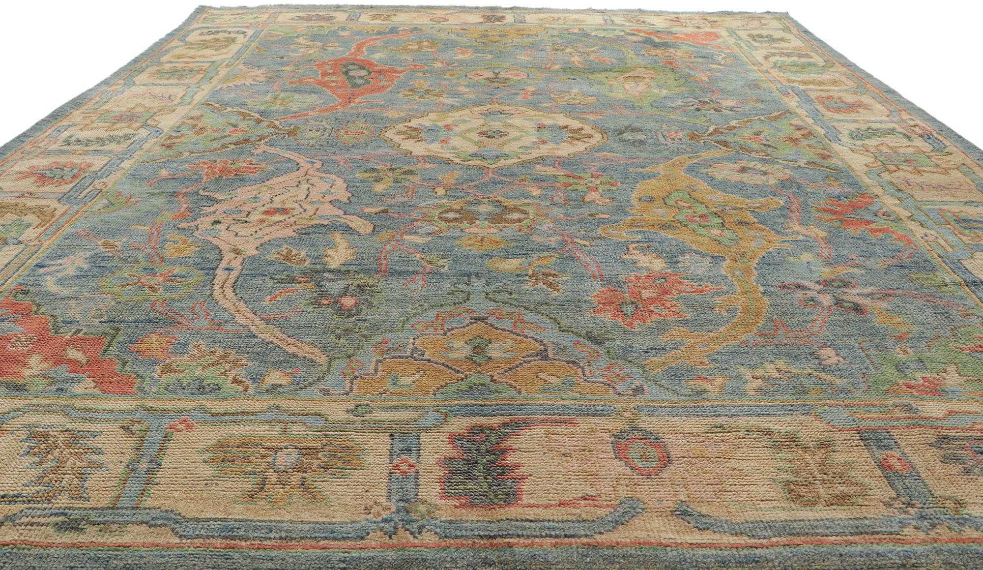 Hand-Knotted Colorful Blue Oushak Rug, Modern Elegance Meets Maximalist Style For Sale