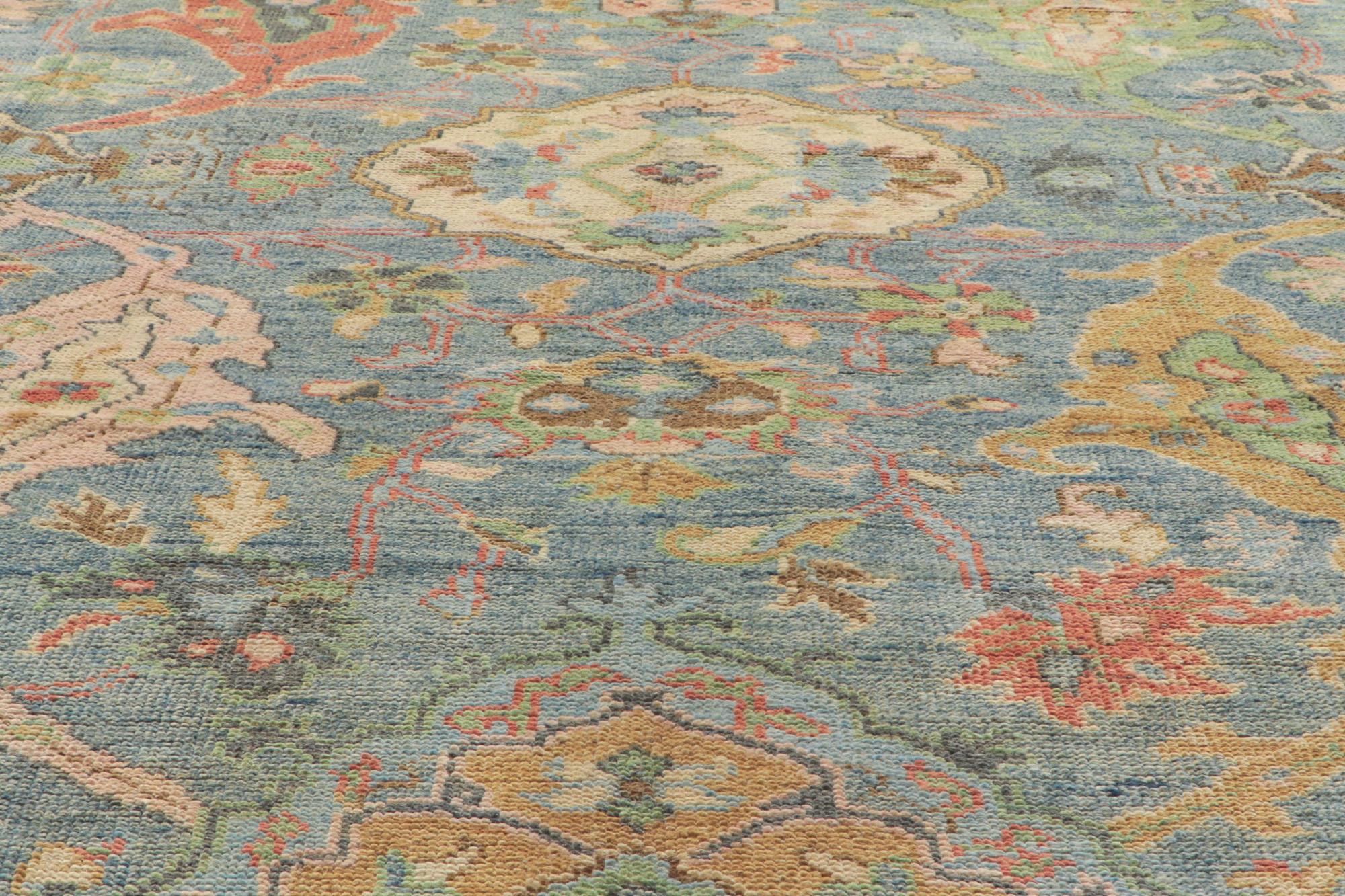 Colorful Blue Oushak Rug, Modern Elegance Meets Maximalist Style In New Condition For Sale In Dallas, TX
