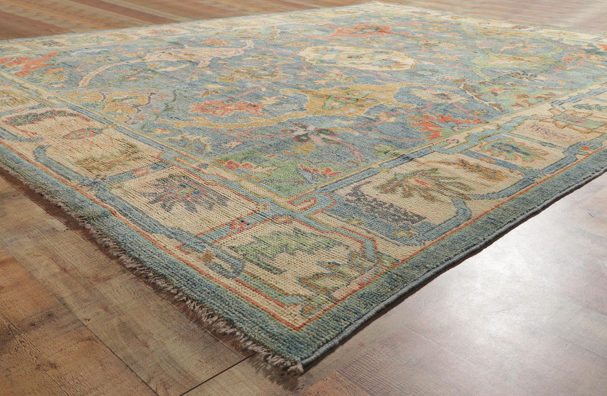 Colorful Blue Oushak Rug, Modern Elegance Meets Maximalist Style For Sale 1