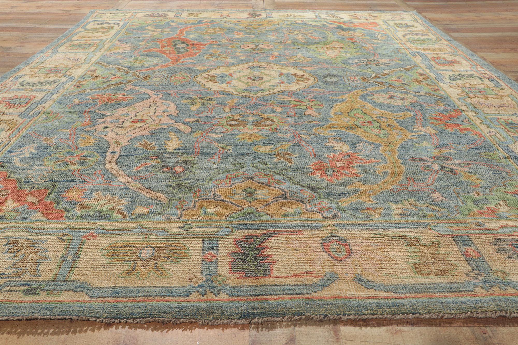Colorful Blue Oushak Rug, Modern Elegance Meets Maximalist Style For Sale 2