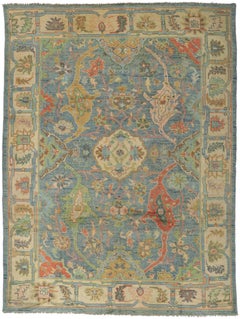 Colorful Blue Oushak Rug, Modern Elegance Meets Maximalist Style